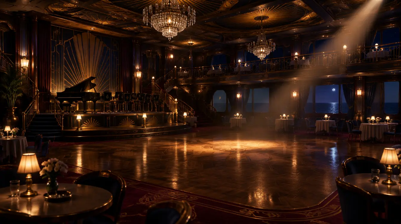 Grand Salon art deco dengan lampu gantung kristal, lantai dansa parket mengilap, panggung orkes kosong, dan berkas lampu sorot hangat.