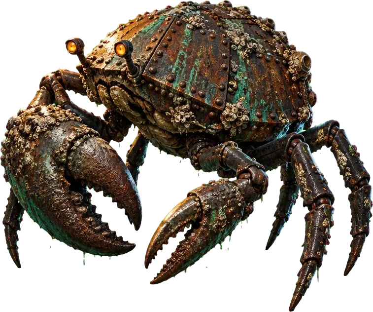 Ballast Crab, kepiting raksasa bercangkang balok besi pemberat berkarat dan berteritip, capit terangkat, mata kuning menyala.